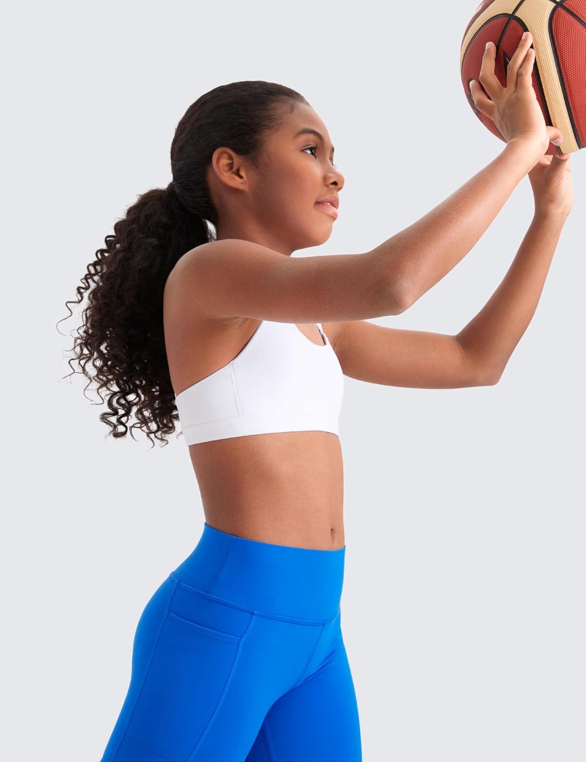 imageCRZ YOGA Girls Softness Mold Butterluxe Sports Bra Yoga Athletic Casual Double Spaghetti Strap Scoop Neck Kids TeenWhite