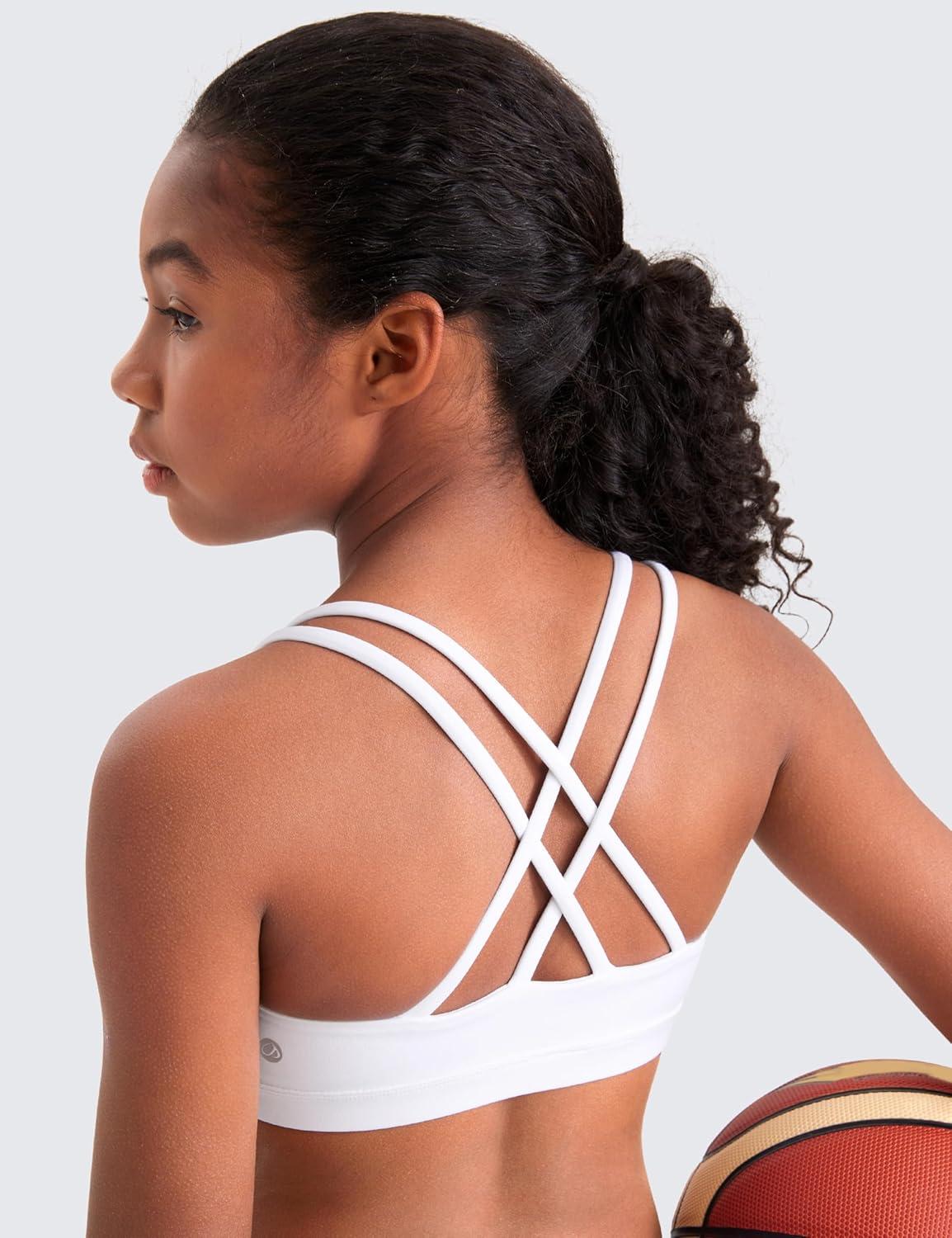 imageCRZ YOGA Girls Softness Mold Butterluxe Sports Bra Yoga Athletic Casual Double Spaghetti Strap Scoop Neck Kids TeenWhite