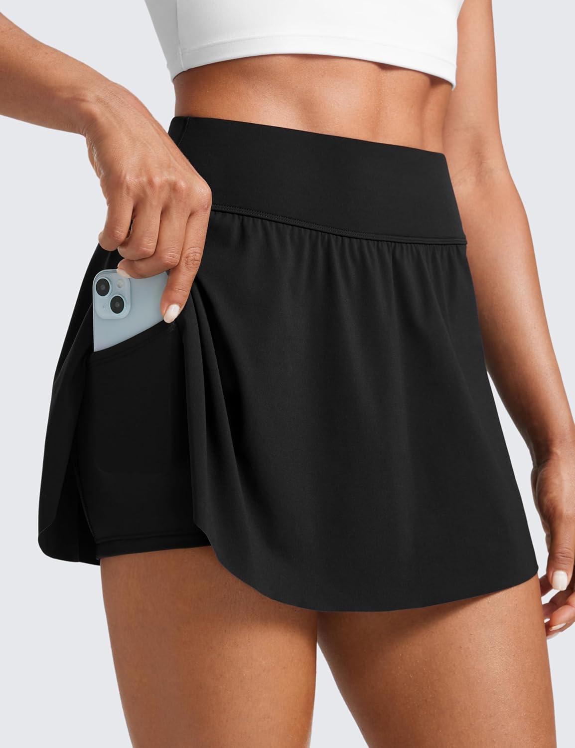 imageCRZ YOGA High Waisted Side Slit Tennis Skirts for Women Mini Lined A Line Running Athletic Skort with Inner PocketsBlack