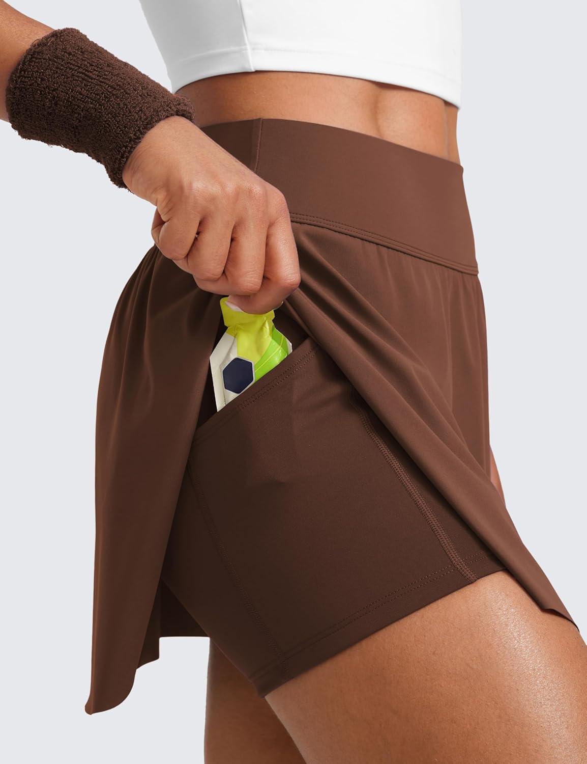imageCRZ YOGA High Waisted Side Slit Tennis Skirts for Women Mini Lined A Line Running Athletic Skort with Inner PocketsCoffee Brown