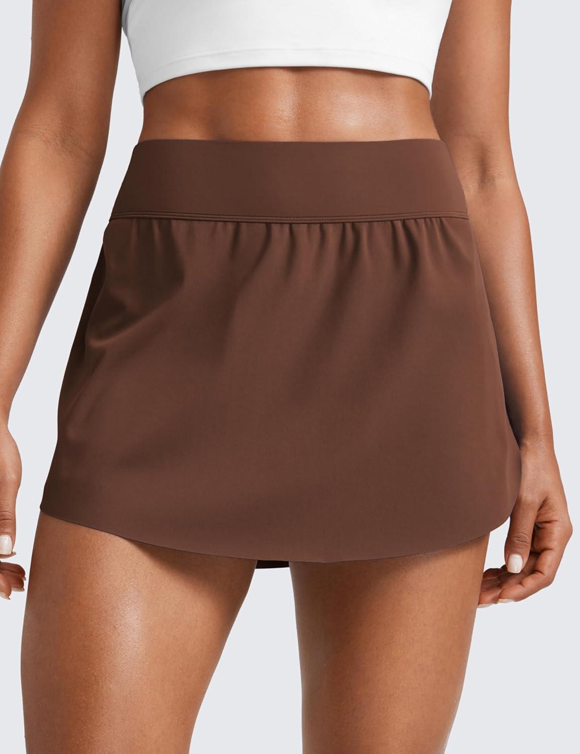 imageCRZ YOGA High Waisted Side Slit Tennis Skirts for Women Mini Lined A Line Running Athletic Skort with Inner PocketsCoffee Brown