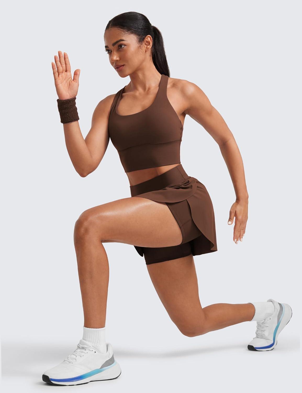 imageCRZ YOGA High Waisted Side Slit Tennis Skirts for Women Mini Lined A Line Running Athletic Skort with Inner PocketsCoffee Brown