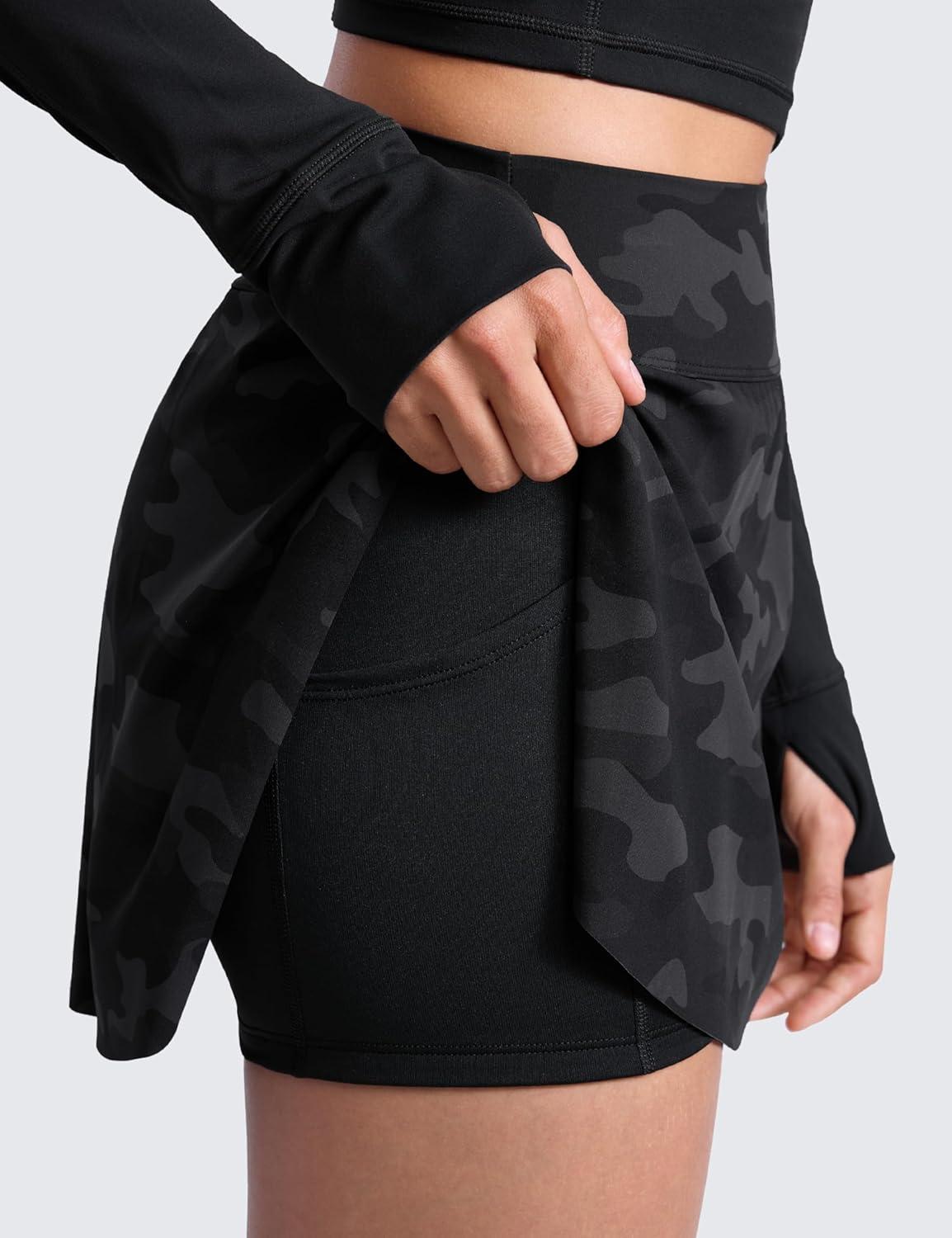 imageCRZ YOGA High Waisted Side Slit Tennis Skirts for Women Mini Lined A Line Running Athletic Skort with Inner PocketsDark Grey Camouflage