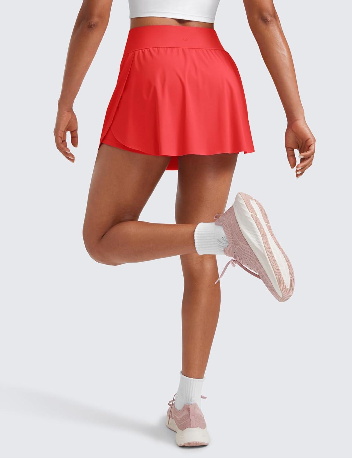 imageCRZ YOGA High Waisted Side Slit Tennis Skirts for Women Mini Lined A Line Running Athletic Skort with Inner PocketsDeep Red