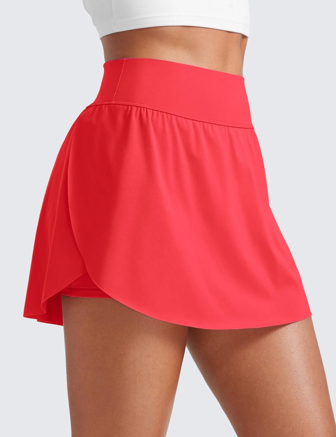 imageCRZ YOGA High Waisted Side Slit Tennis Skirts for Women Mini Lined A Line Running Athletic Skort with Inner PocketsDeep Red