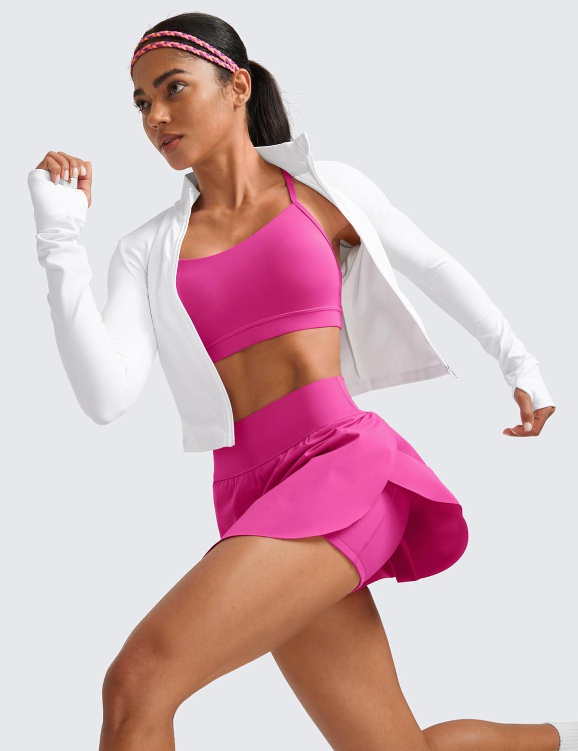 imageCRZ YOGA High Waisted Side Slit Tennis Skirts for Women Mini Lined A Line Running Athletic Skort with Inner PocketsHibiscus Purple