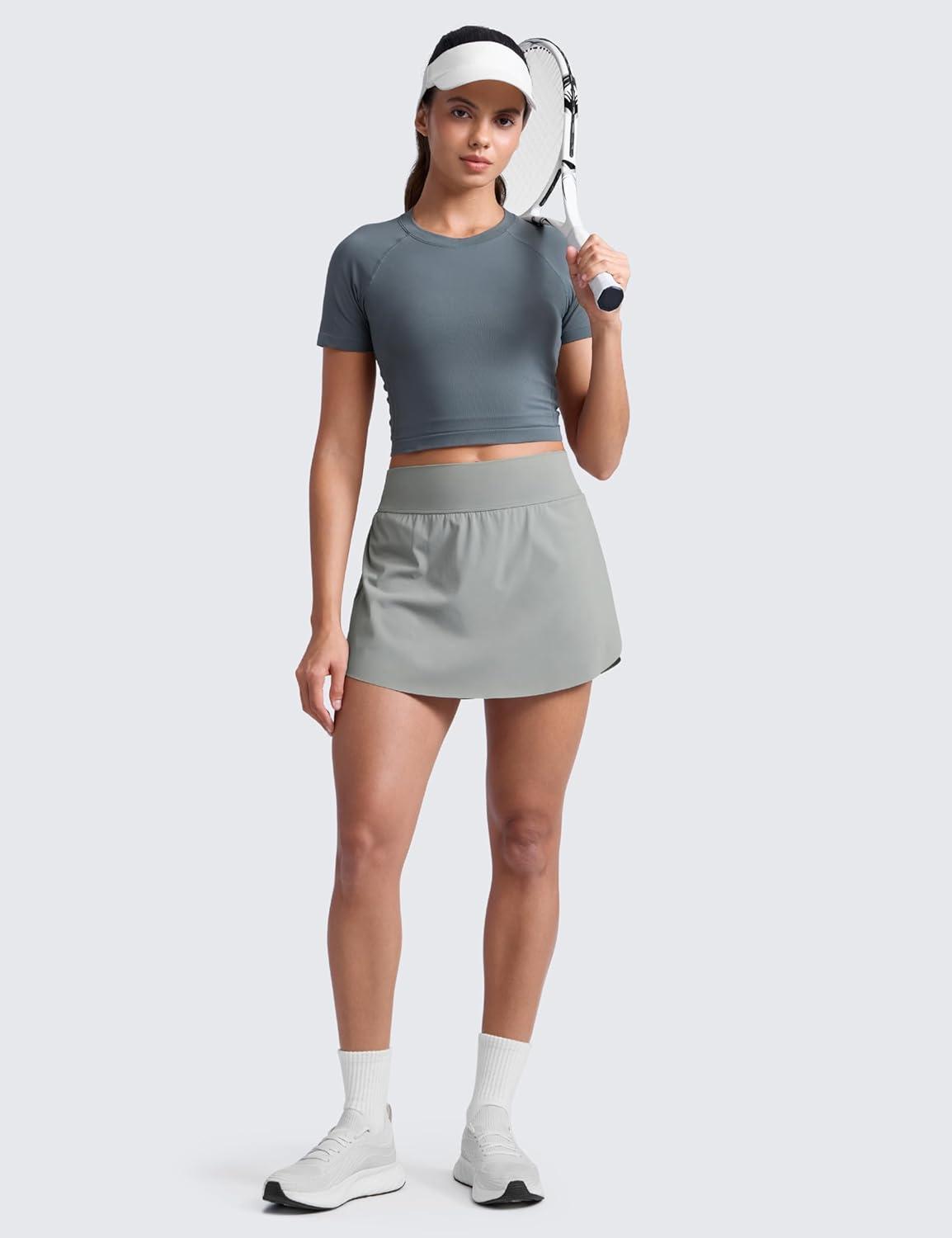 imageCRZ YOGA High Waisted Side Slit Tennis Skirts for Women Mini Lined A Line Running Athletic Skort with Inner PocketsSterling