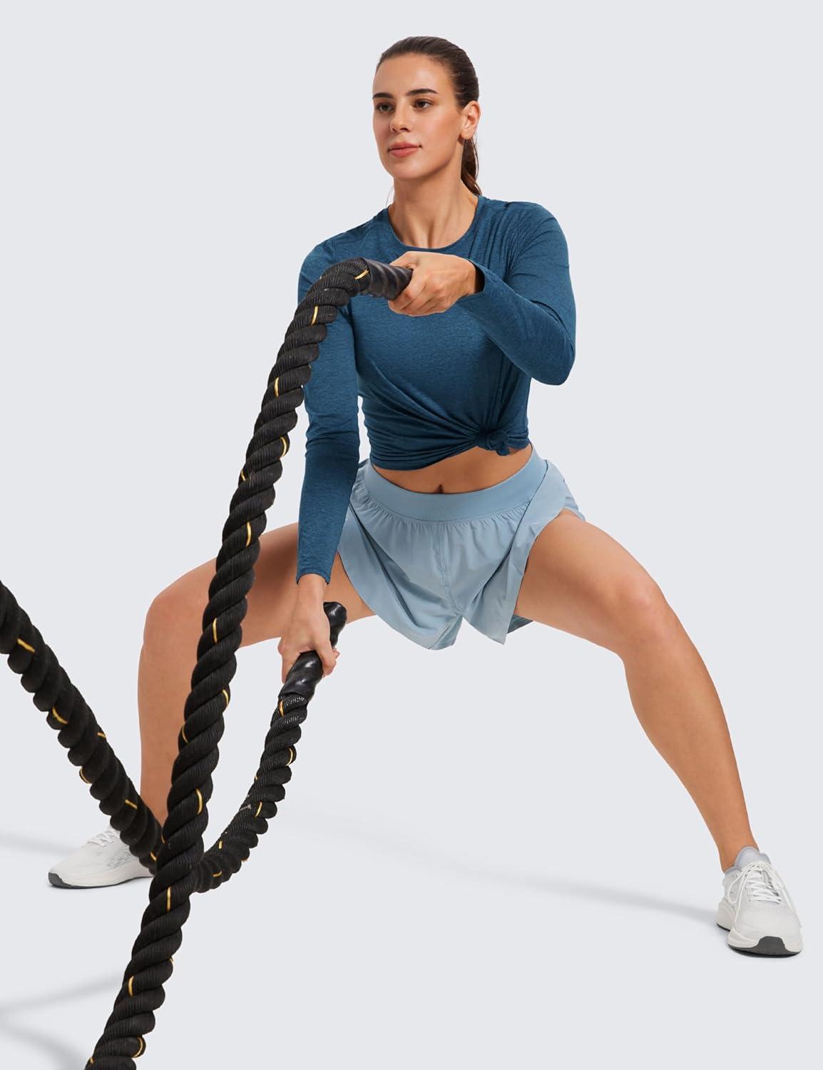 imageCRZ YOGA Lightweight Workout Long Sleeve Shirts for Women Gym Running Fall Athletic Training TShirts High Neck TopsNight Blue Heather