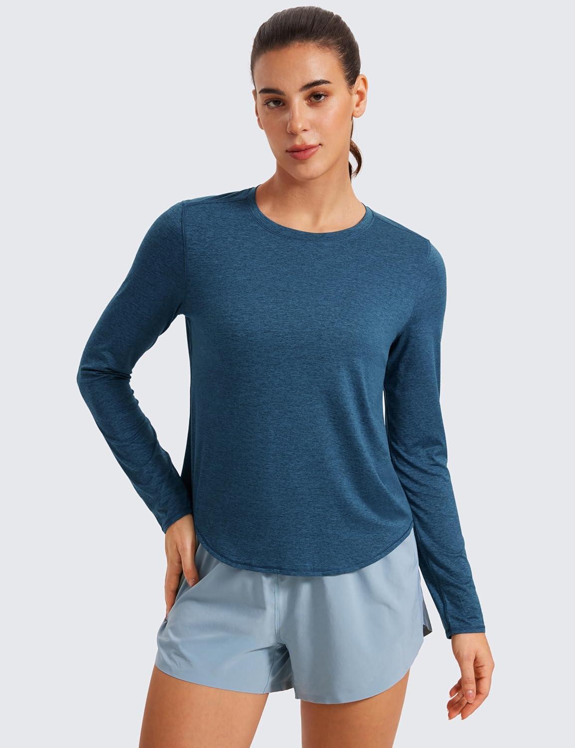 imageCRZ YOGA Lightweight Workout Long Sleeve Shirts for Women Gym Running Fall Athletic Training TShirts High Neck TopsNight Blue Heather