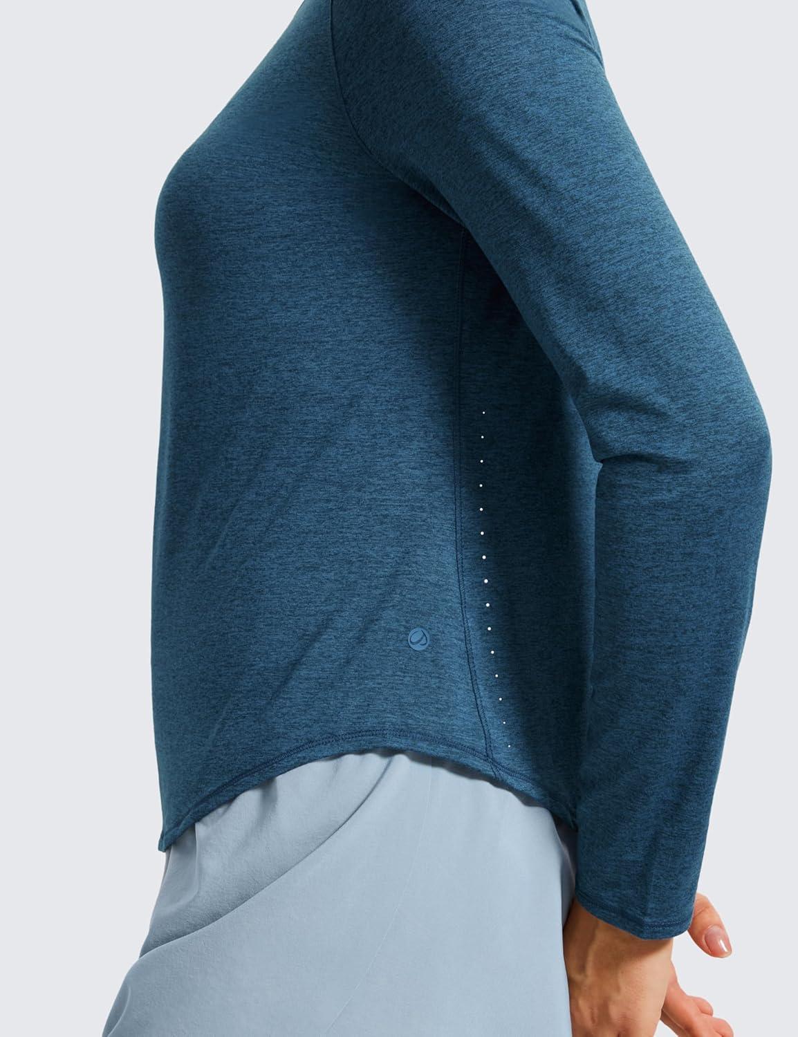 imageCRZ YOGA Lightweight Workout Long Sleeve Shirts for Women Gym Running Fall Athletic Training TShirts High Neck TopsNight Blue Heather