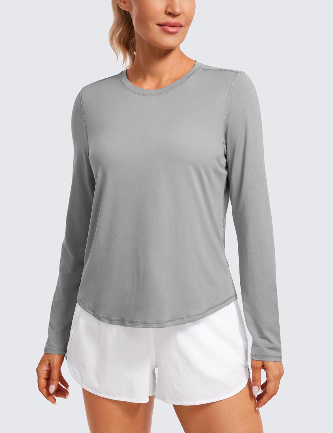 imageCRZ YOGA Lightweight Workout Long Sleeve Shirts for Women Gym Running Fall Athletic Training TShirts High Neck TopsSilver Gray