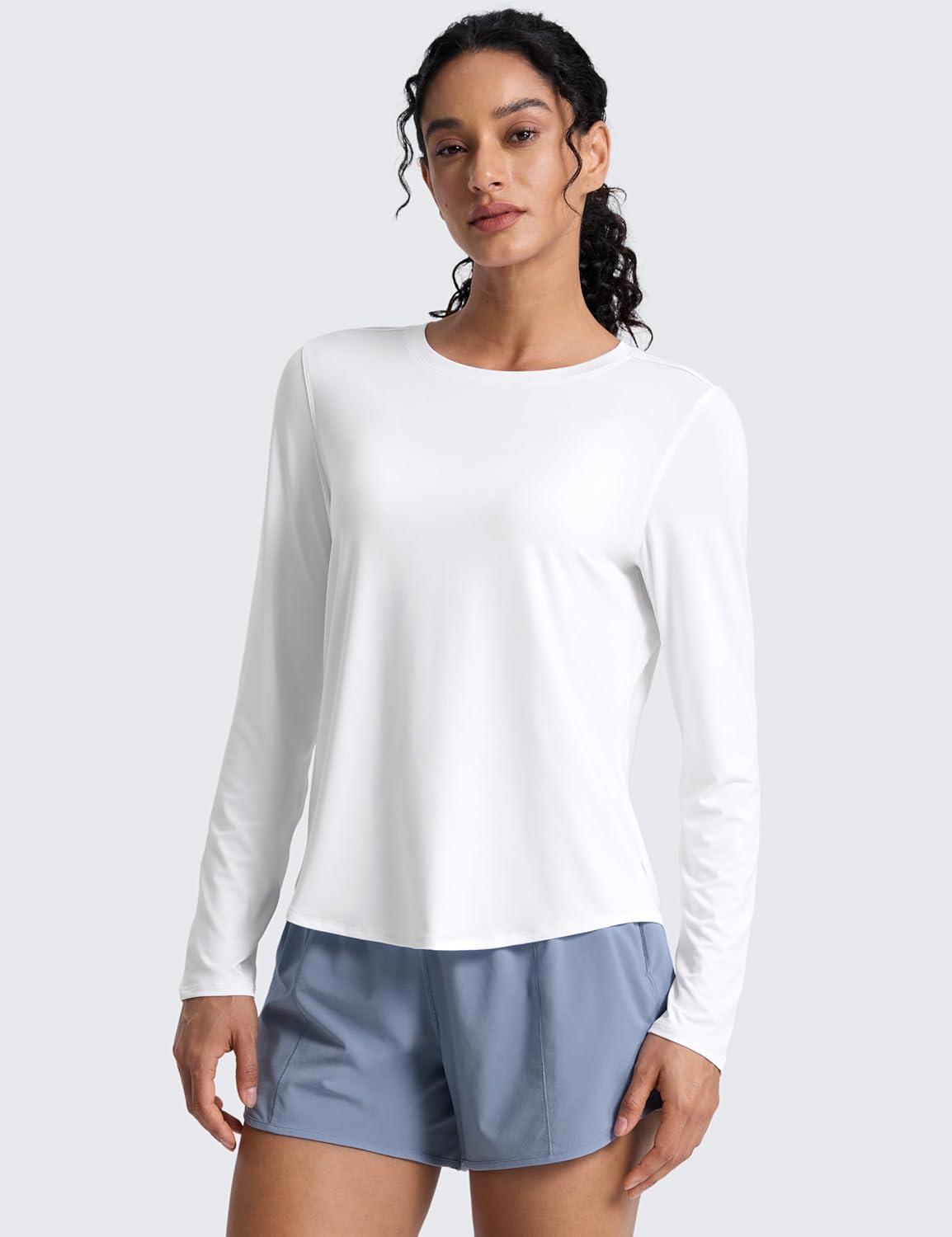 imageCRZ YOGA Lightweight Workout Long Sleeve Shirts for Women Gym Running Fall Athletic Training TShirts High Neck TopsWhite