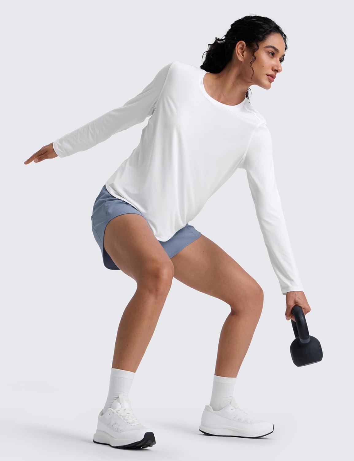 imageCRZ YOGA Lightweight Workout Long Sleeve Shirts for Women Gym Running Fall Athletic Training TShirts High Neck TopsWhite