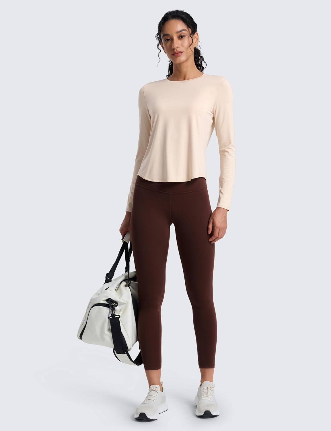 imageCRZ YOGA Lightweight Workout Long Sleeve Shirts for Women Gym Running Fall Athletic Training TShirts High Neck TopsWhite Opal