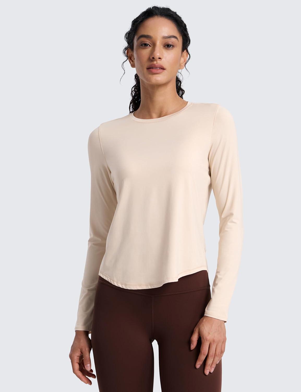 imageCRZ YOGA Lightweight Workout Long Sleeve Shirts for Women Gym Running Fall Athletic Training TShirts High Neck TopsWhite Opal