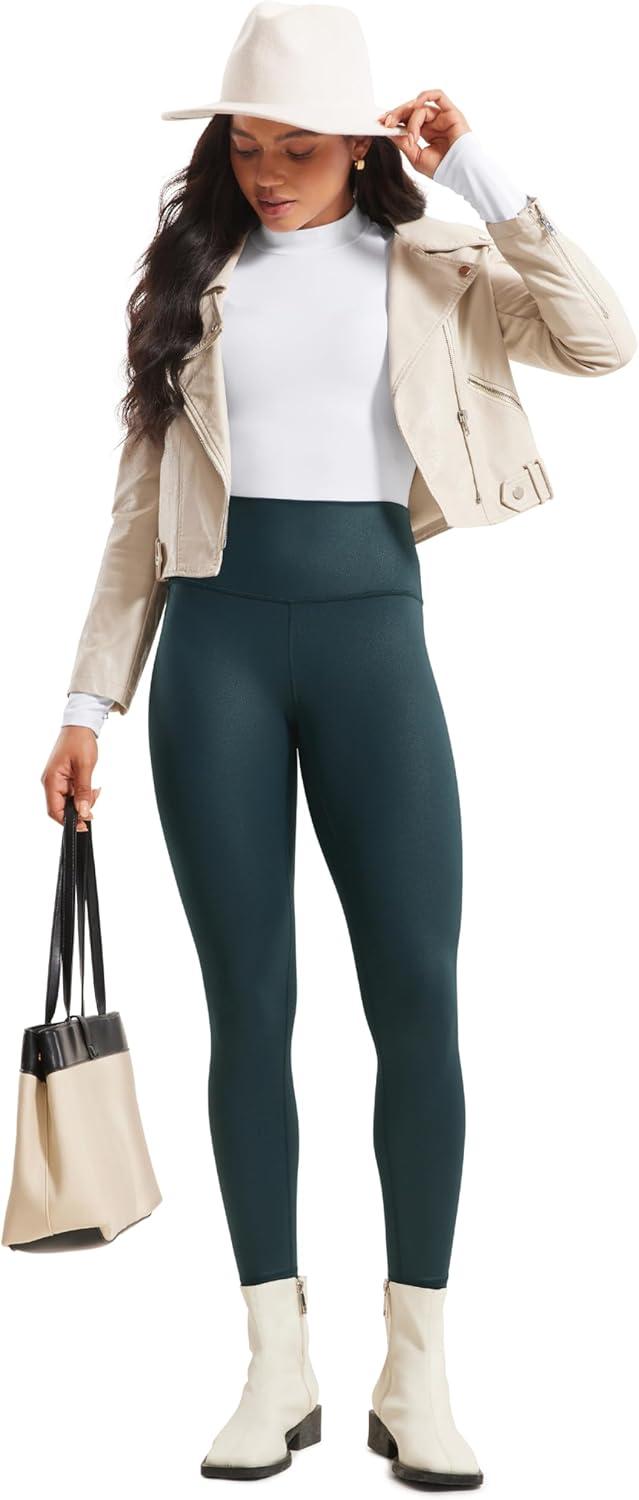 imageCRZ YOGA Matte Faux Leather Leggings 28quot Butterluxe High Waisted Stretch Ankle Womens Leather Pants Pleather TightsForest Dark Green Foil Pattern