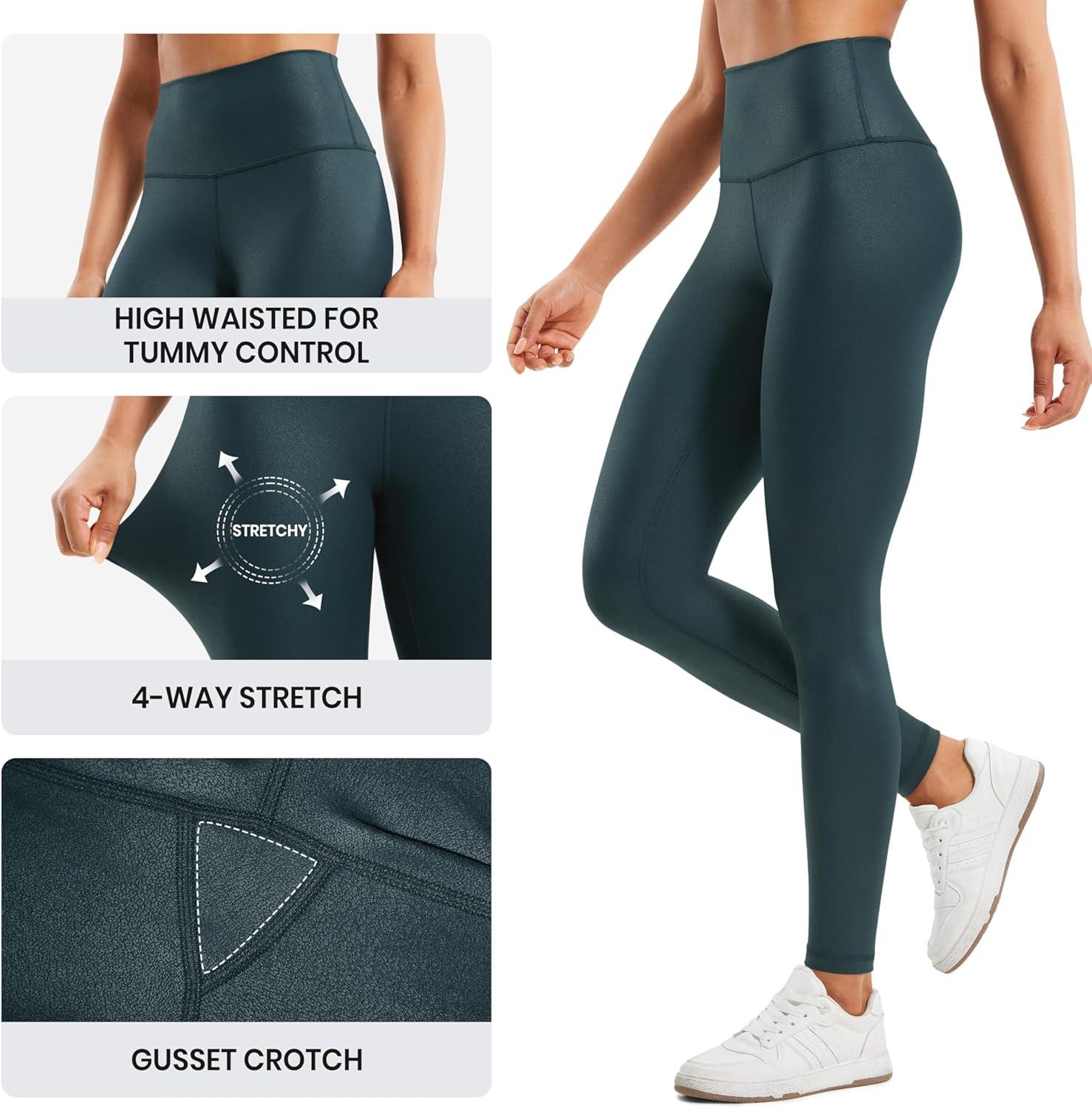 imageCRZ YOGA Matte Faux Leather Leggings 28quot Butterluxe High Waisted Stretch Ankle Womens Leather Pants Pleather TightsForest Dark Green Foil Pattern