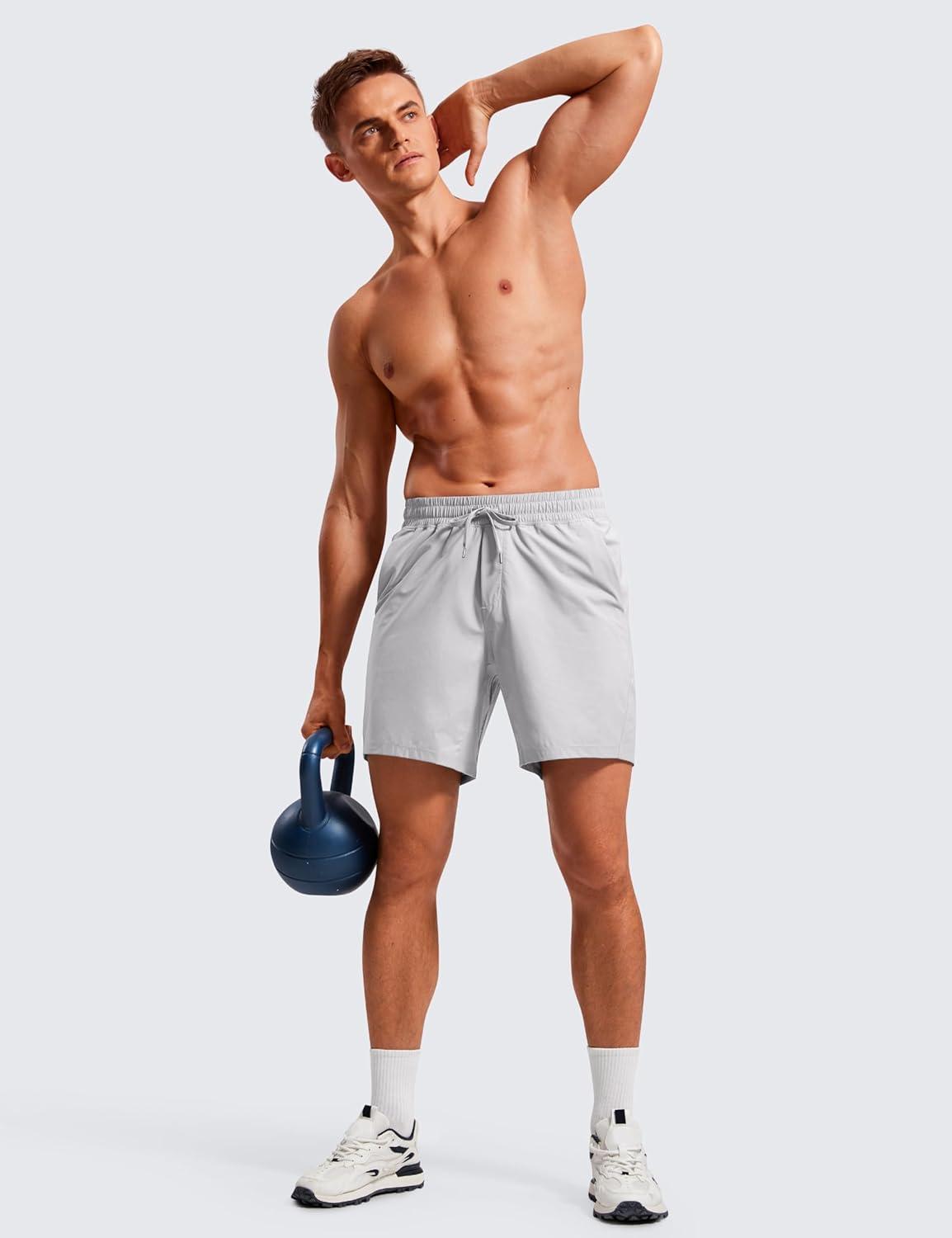 imageCRZ YOGA Mens Lightweight Workout Shorts 7quot Quick Dry for Gym Athletic Workout with Zipper PocketPlatinum Grey