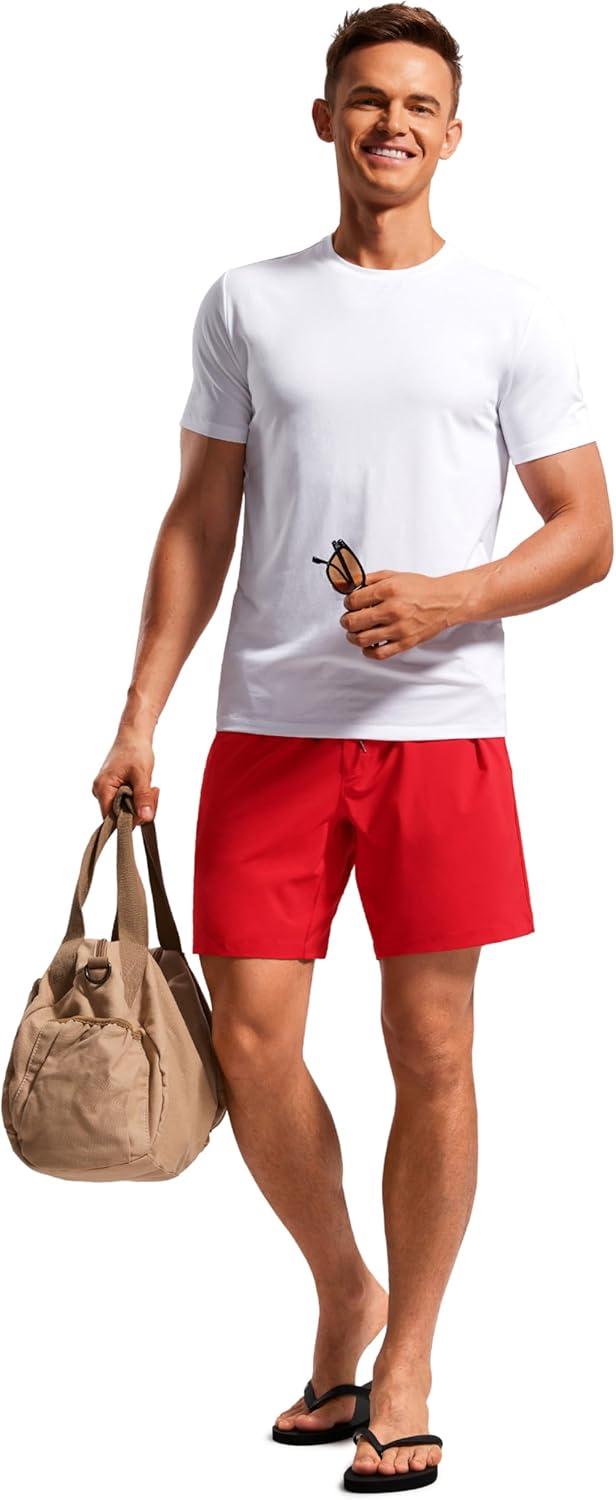 imageCRZ YOGA Mens Swim Trunks 7 Quick Dry Mesh Lining Athletic Casual Swimwear Shorts with Zipper PocketsDeep Red