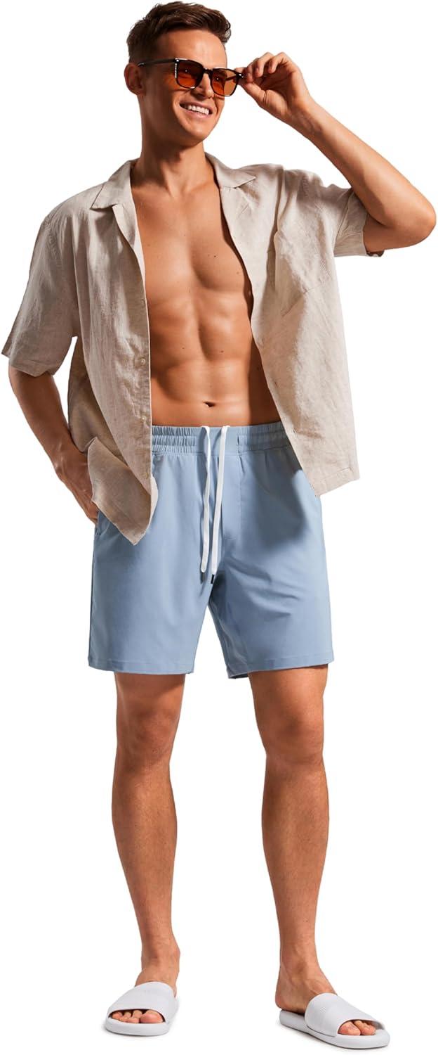 imageCRZ YOGA Mens Swim Trunks 7 Quick Dry Mesh Lining Athletic Casual Swimwear Shorts with Zipper PocketsThe Breeze Blue