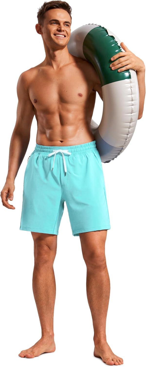 imageCRZ YOGA Mens Swim Trunks 7 Quick Dry Mesh Lining Athletic Casual Swimwear Shorts with Zipper PocketsTurquoise