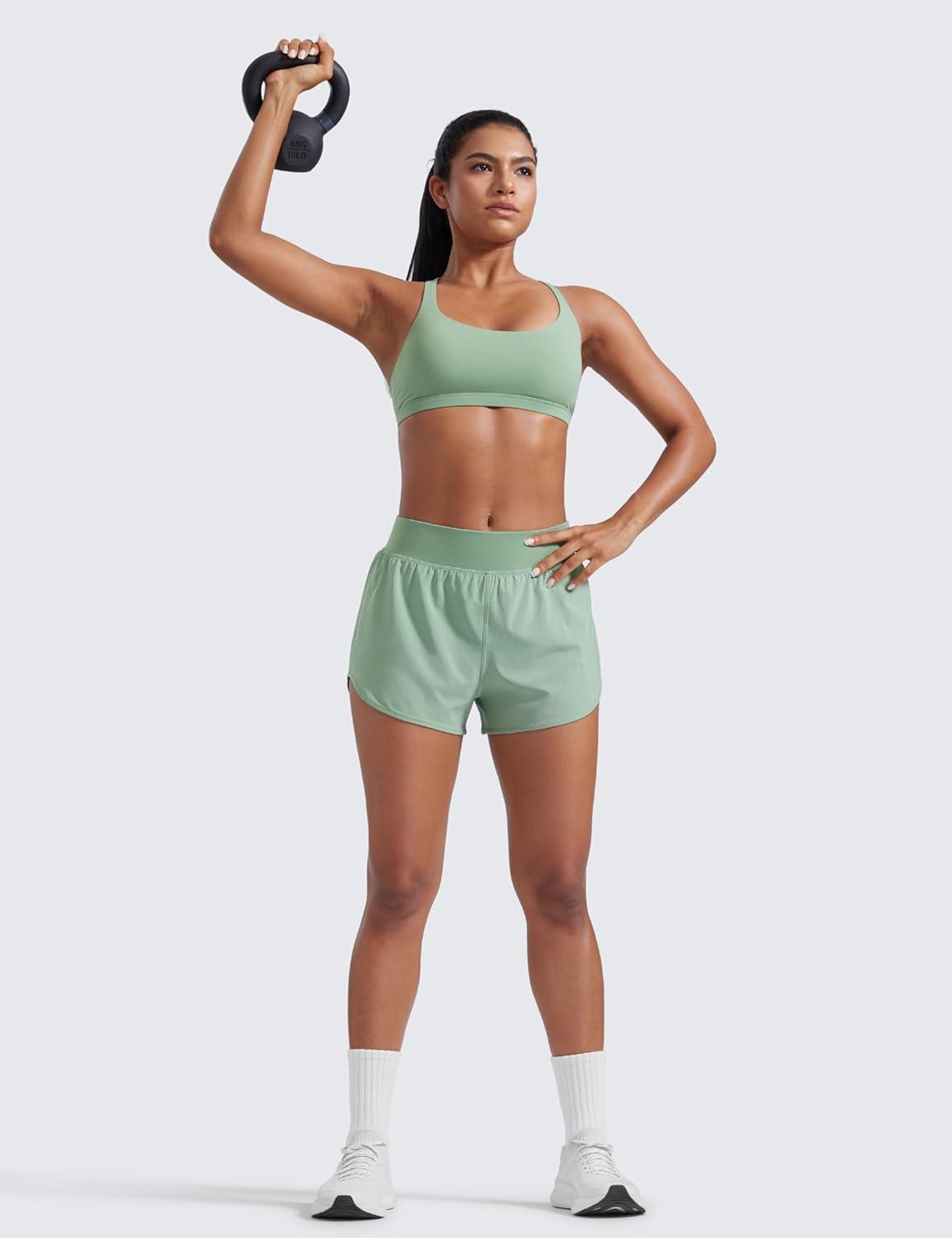 imageCRZ YOGA Mid Flat Waisted Running Shorts for Women 3quot Mesh Liner Quick Dry for Workout Sport Athletic with Zipper PocketGreen Palm Court