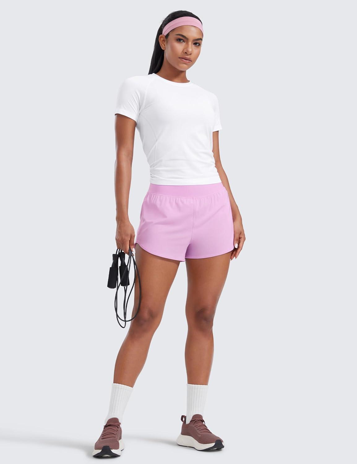 imageCRZ YOGA Mid Flat Waisted Running Shorts for Women 3quot Mesh Liner Quick Dry for Workout Sport Athletic with Zipper PocketVita Pink