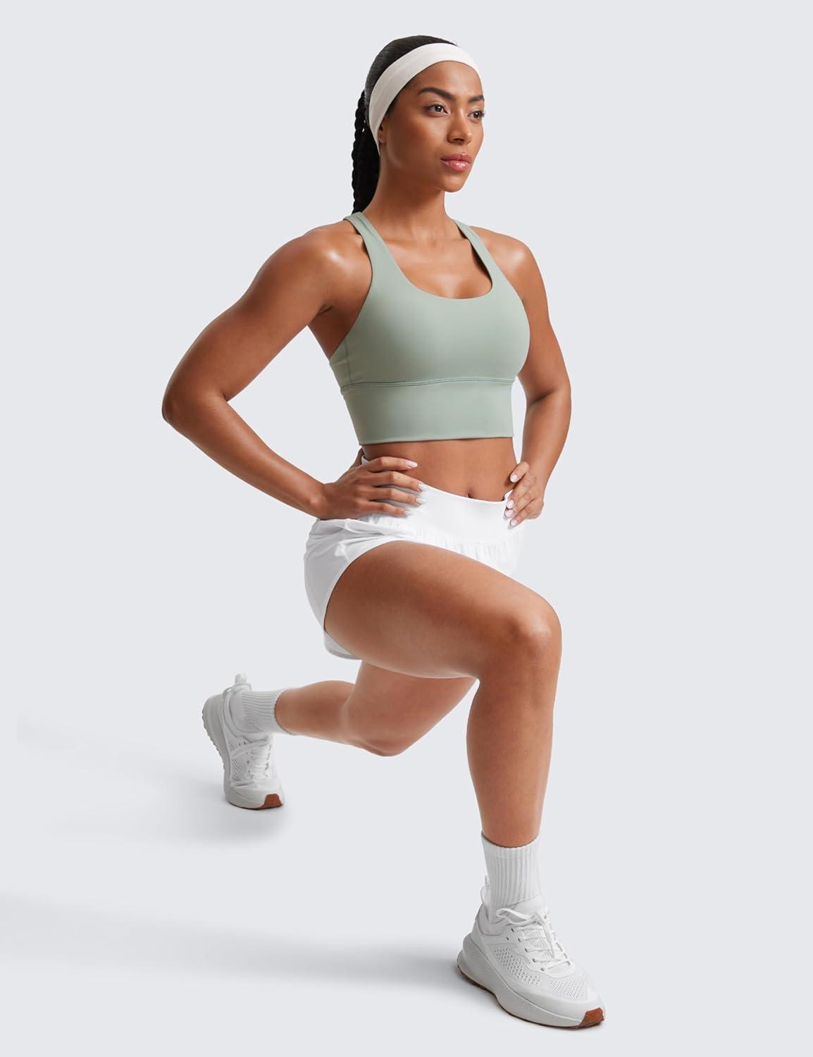 imageCRZ YOGA Naked Feeling Criss Cross Longline Sports Bras for Women Wirefree Padded Strappy Yoga Cropped TopsGreen Palm Court