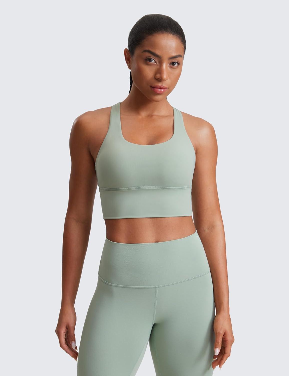 imageCRZ YOGA Naked Feeling Criss Cross Longline Sports Bras for Women Wirefree Padded Strappy Yoga Cropped TopsGreen Palm Court