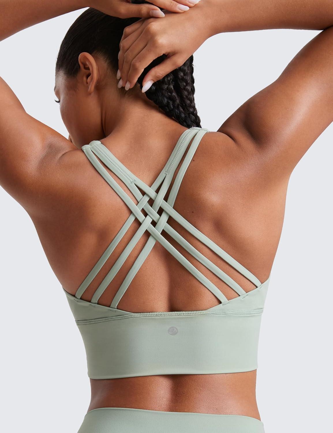 imageCRZ YOGA Naked Feeling Criss Cross Longline Sports Bras for Women Wirefree Padded Strappy Yoga Cropped TopsGreen Palm Court