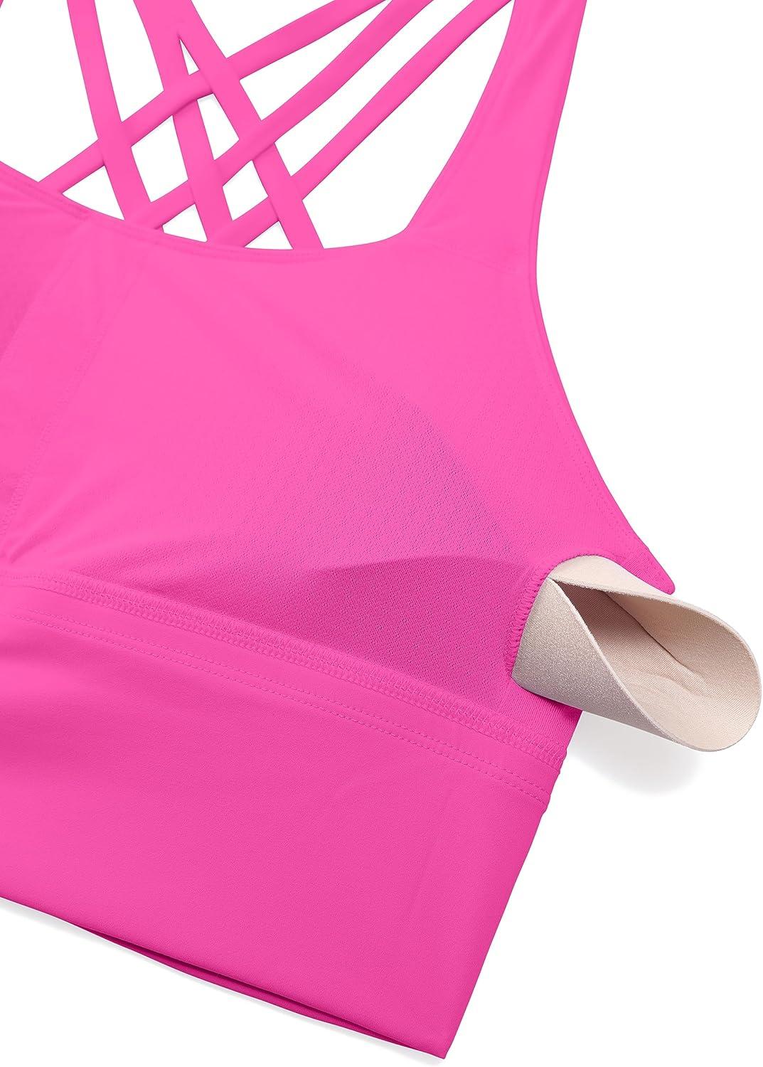 imageCRZ YOGA Naked Feeling Criss Cross Longline Sports Bras for Women Wirefree Padded Strappy Yoga Cropped TopsHibiscus Purple