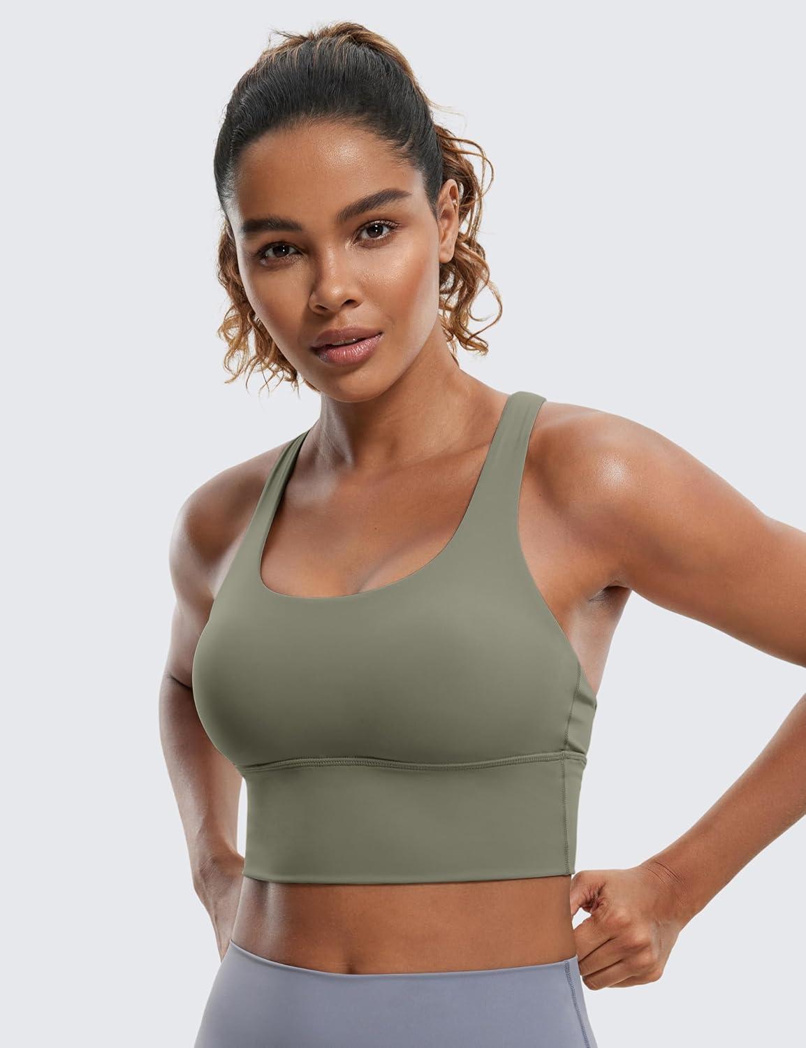 imageCRZ YOGA Naked Feeling Criss Cross Longline Sports Bras for Women Wirefree Padded Strappy Yoga Cropped TopsLight Army Green