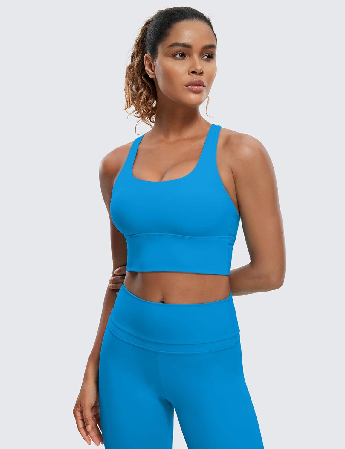 imageCRZ YOGA Naked Feeling Criss Cross Longline Sports Bras for Women Wirefree Padded Strappy Yoga Cropped TopsMadagascar Blue