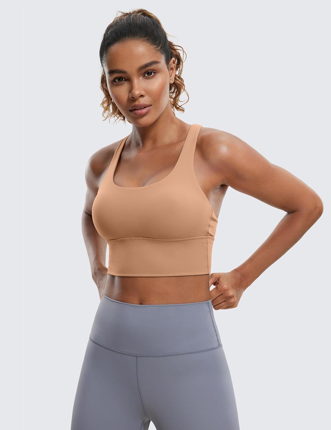 imageCRZ YOGA Naked Feeling Criss Cross Longline Sports Bras for Women Wirefree Padded Strappy Yoga Cropped TopsMocha Mousse