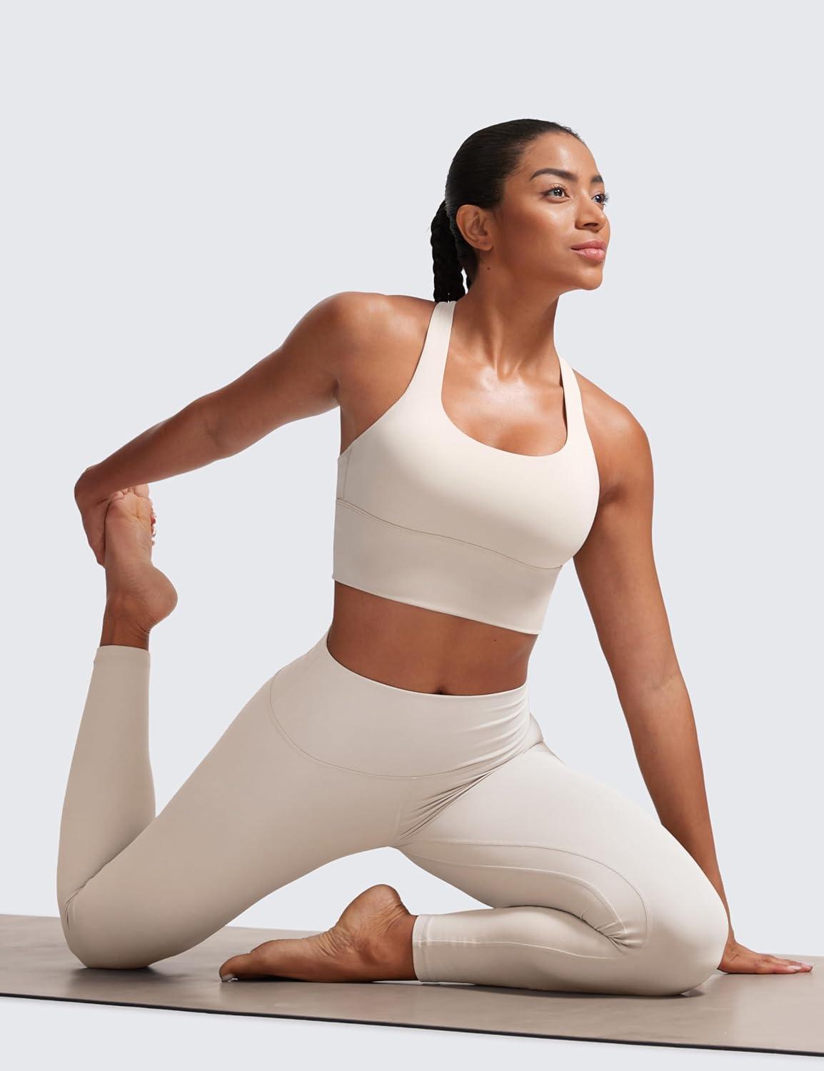 imageCRZ YOGA Naked Feeling Criss Cross Longline Sports Bras for Women Wirefree Padded Strappy Yoga Cropped TopsMojave Tan