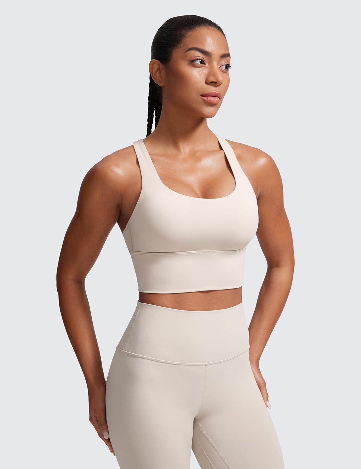 imageCRZ YOGA Naked Feeling Criss Cross Longline Sports Bras for Women Wirefree Padded Strappy Yoga Cropped TopsMojave Tan