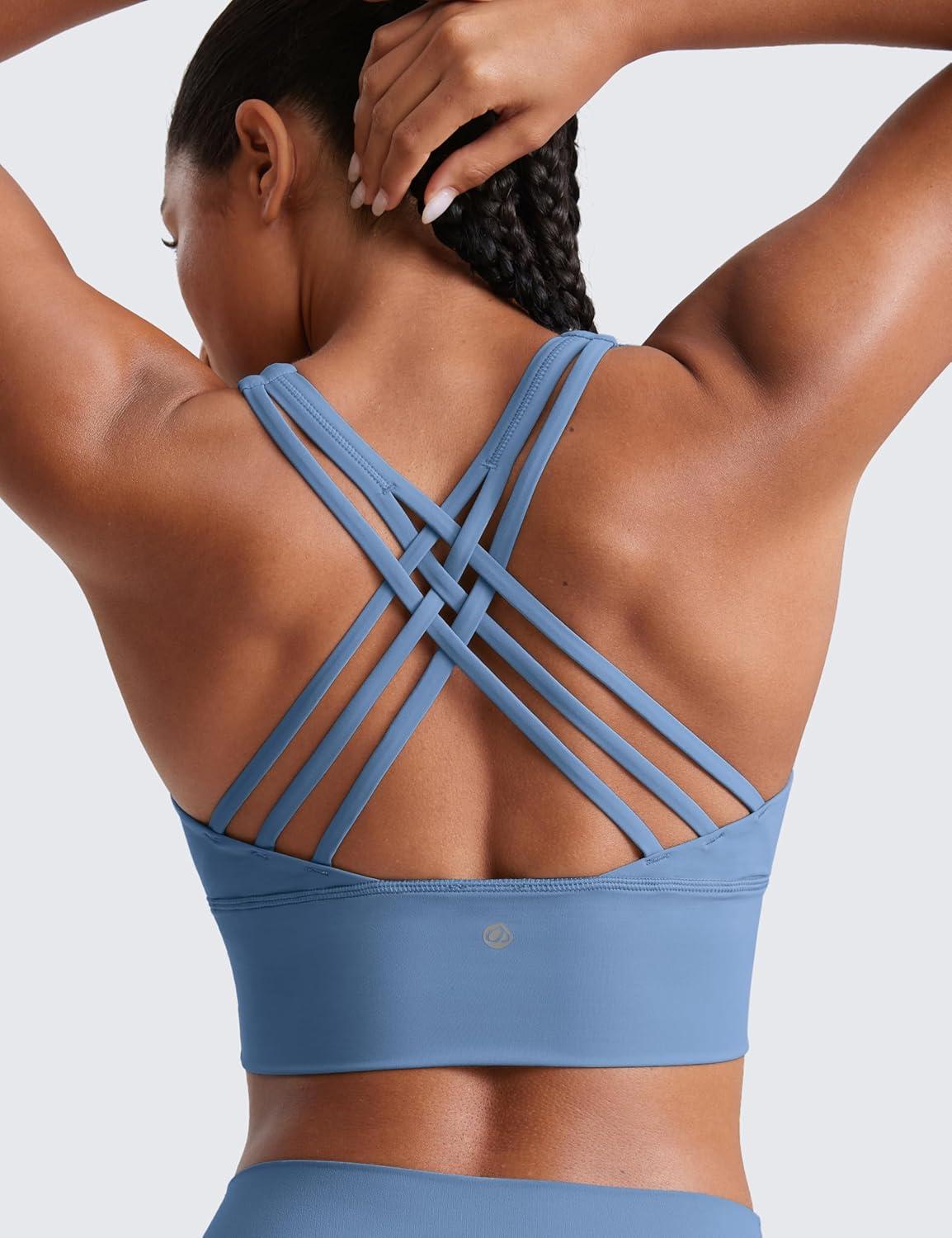 imageCRZ YOGA Naked Feeling Criss Cross Longline Sports Bras for Women Wirefree Padded Strappy Yoga Cropped TopsOasis Blue