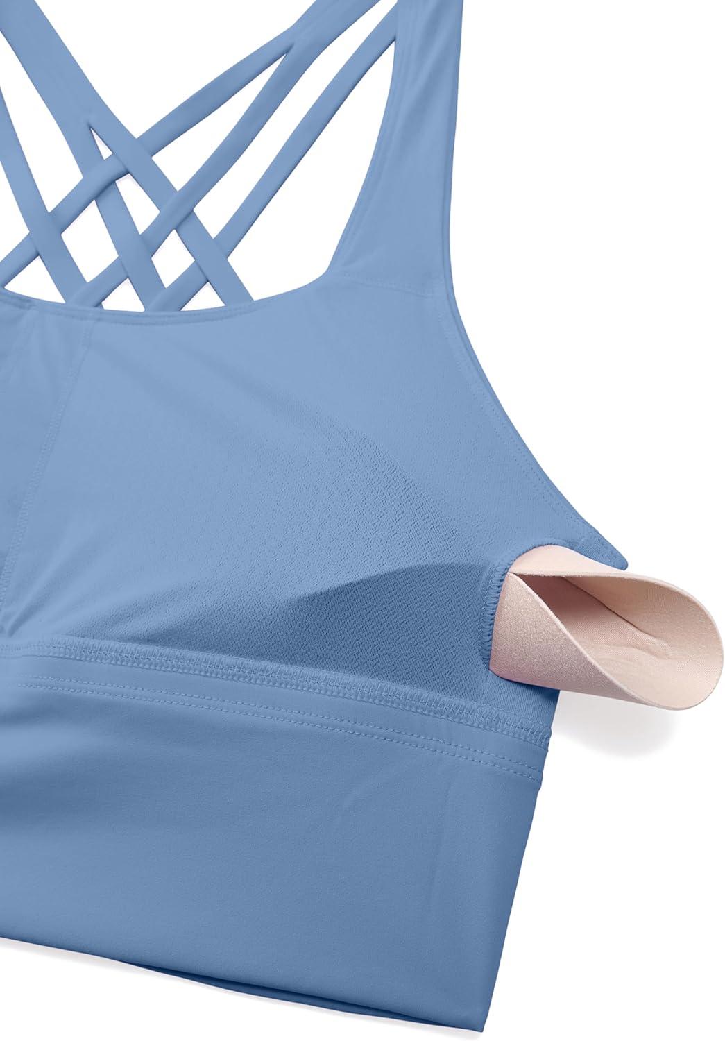 imageCRZ YOGA Naked Feeling Criss Cross Longline Sports Bras for Women Wirefree Padded Strappy Yoga Cropped TopsOasis Blue