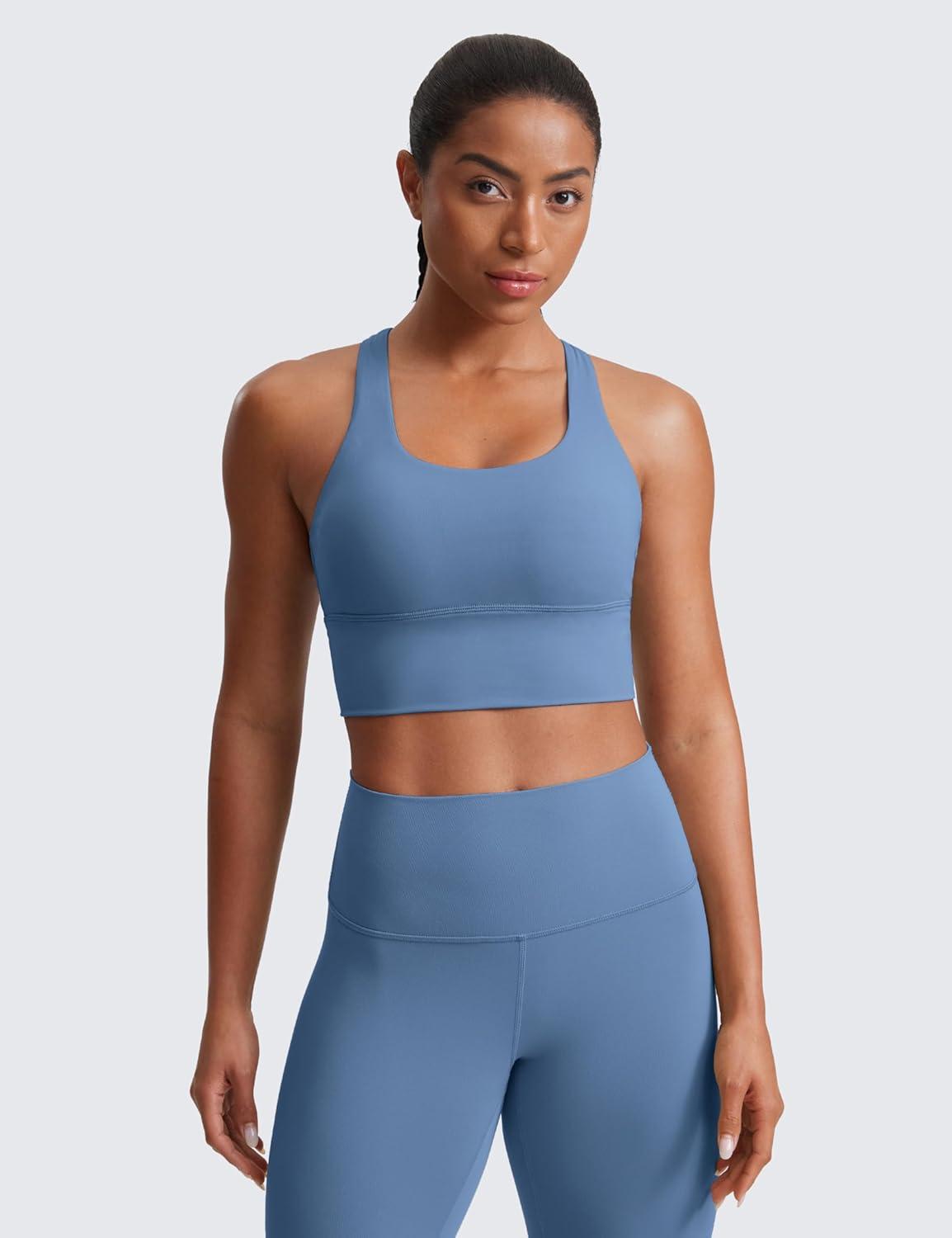 imageCRZ YOGA Naked Feeling Criss Cross Longline Sports Bras for Women Wirefree Padded Strappy Yoga Cropped TopsOasis Blue