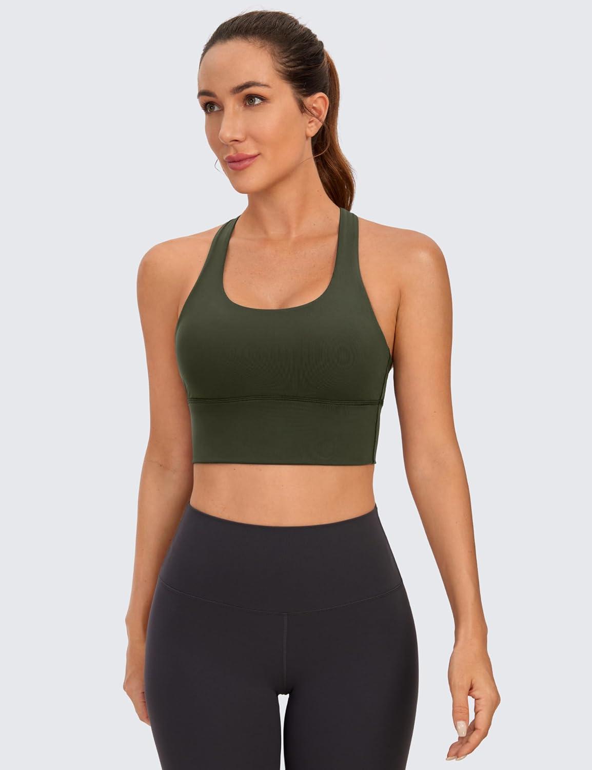 imageCRZ YOGA Naked Feeling Criss Cross Longline Sports Bras for Women Wirefree Padded Strappy Yoga Cropped TopsOlive Green
