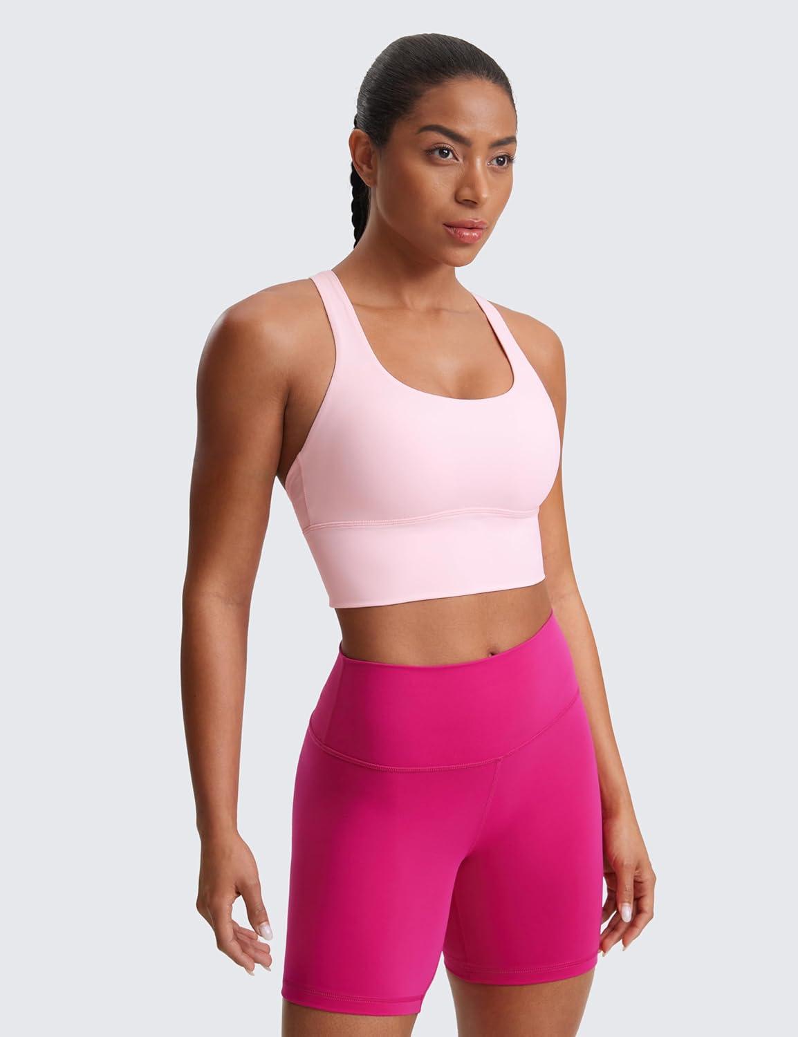 imageCRZ YOGA Naked Feeling Criss Cross Longline Sports Bras for Women Wirefree Padded Strappy Yoga Cropped TopsStrawberry Pink