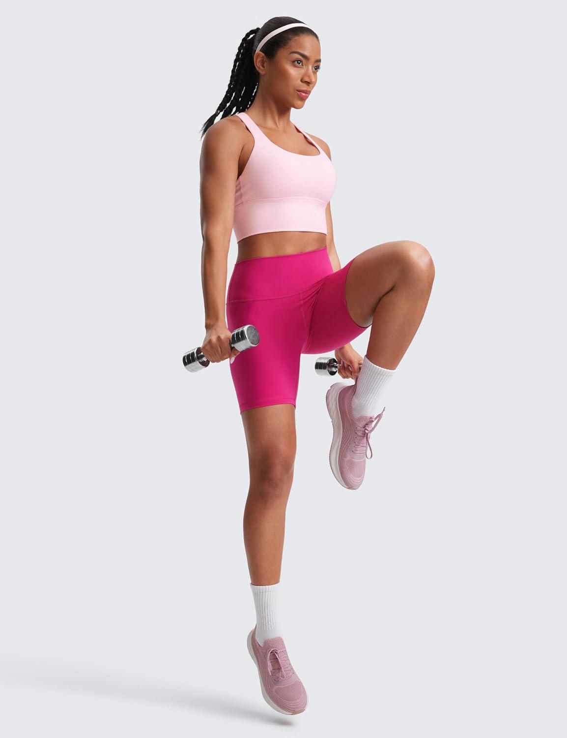 imageCRZ YOGA Naked Feeling Criss Cross Longline Sports Bras for Women Wirefree Padded Strappy Yoga Cropped TopsStrawberry Pink