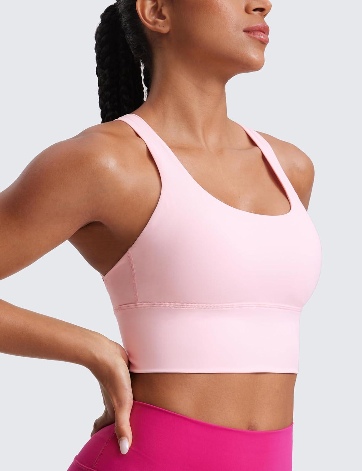imageCRZ YOGA Naked Feeling Criss Cross Longline Sports Bras for Women Wirefree Padded Strappy Yoga Cropped TopsStrawberry Pink