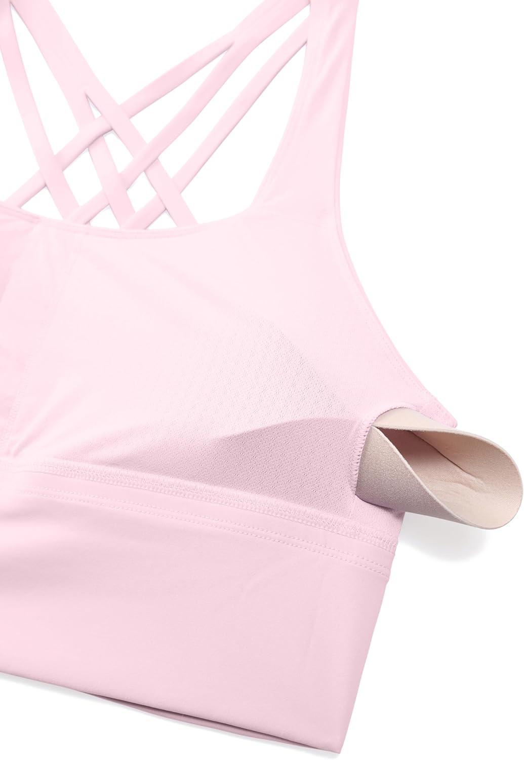 imageCRZ YOGA Naked Feeling Criss Cross Longline Sports Bras for Women Wirefree Padded Strappy Yoga Cropped TopsStrawberry Pink