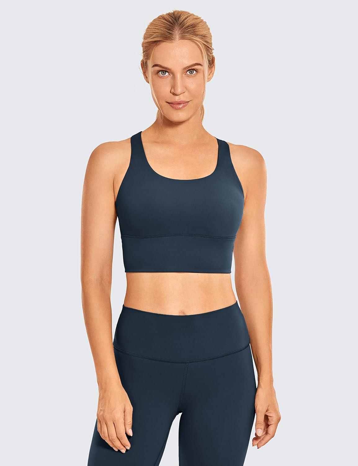 imageCRZ YOGA Naked Feeling Criss Cross Longline Sports Bras for Women Wirefree Padded Strappy Yoga Cropped TopsTrue Navy