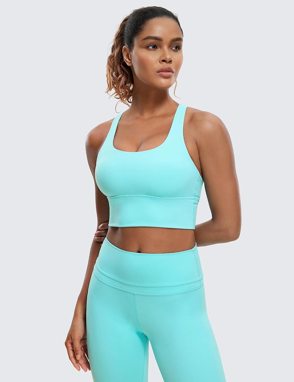 imageCRZ YOGA Naked Feeling Criss Cross Longline Sports Bras for Women Wirefree Padded Strappy Yoga Cropped TopsTurquoise