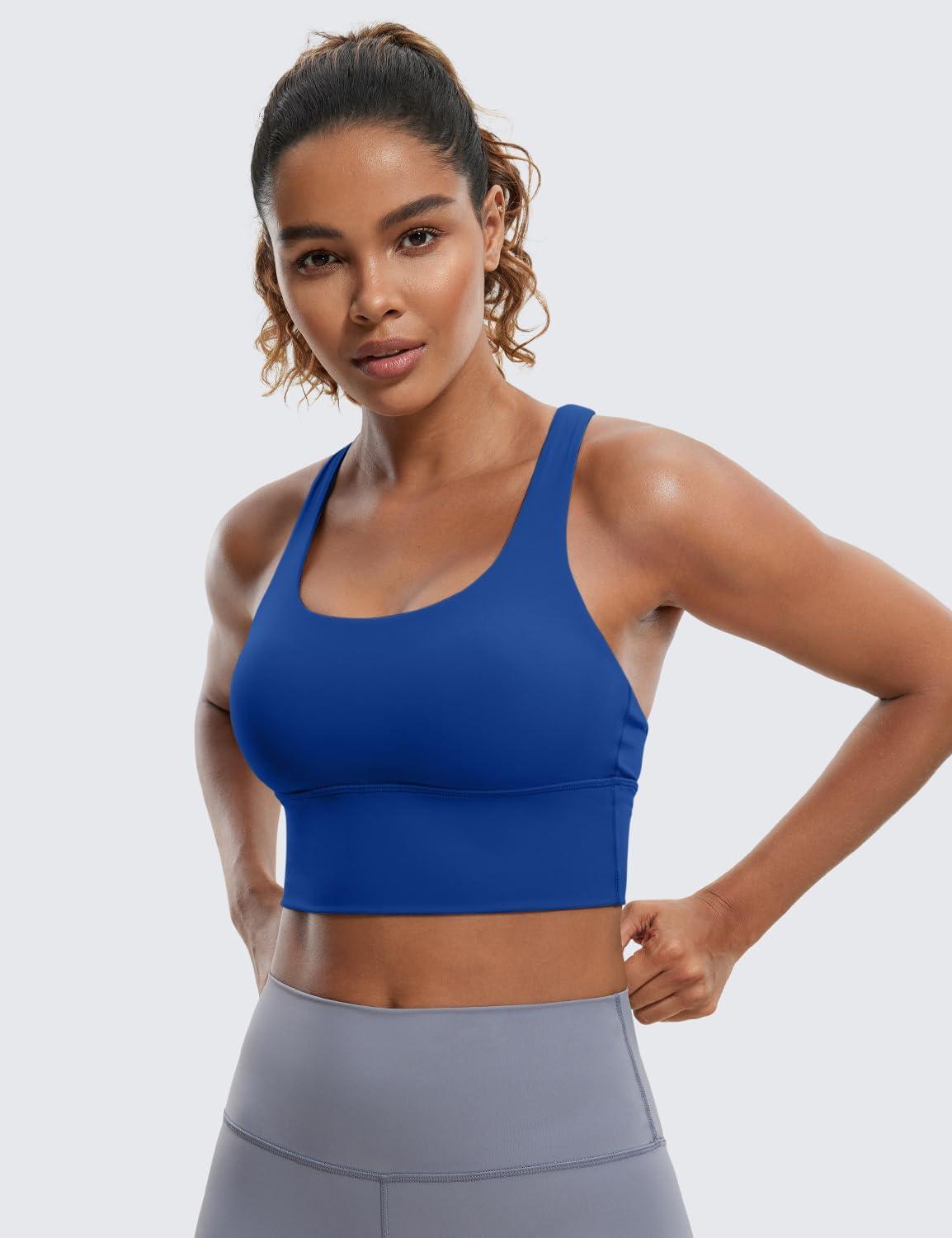 imageCRZ YOGA Naked Feeling Criss Cross Longline Sports Bras for Women Wirefree Padded Strappy Yoga Cropped TopsWaves Blue