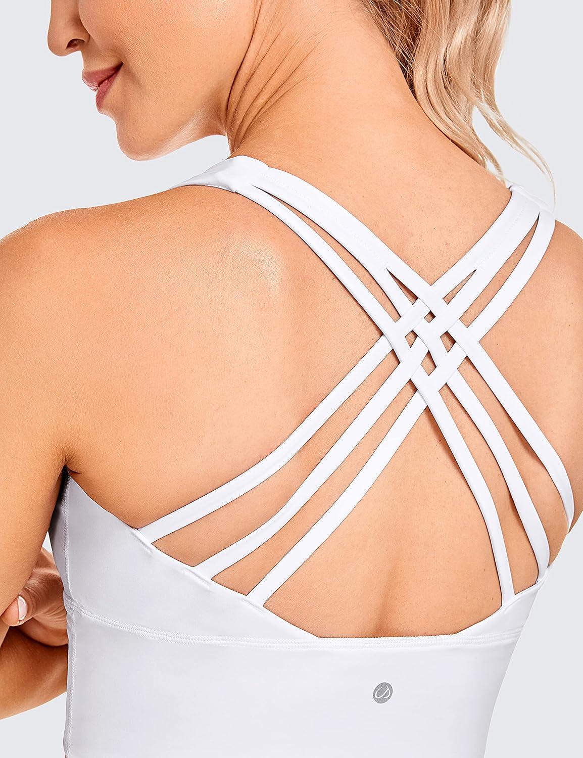 imageCRZ YOGA Naked Feeling Criss Cross Longline Sports Bras for Women Wirefree Padded Strappy Yoga Cropped TopsWhite