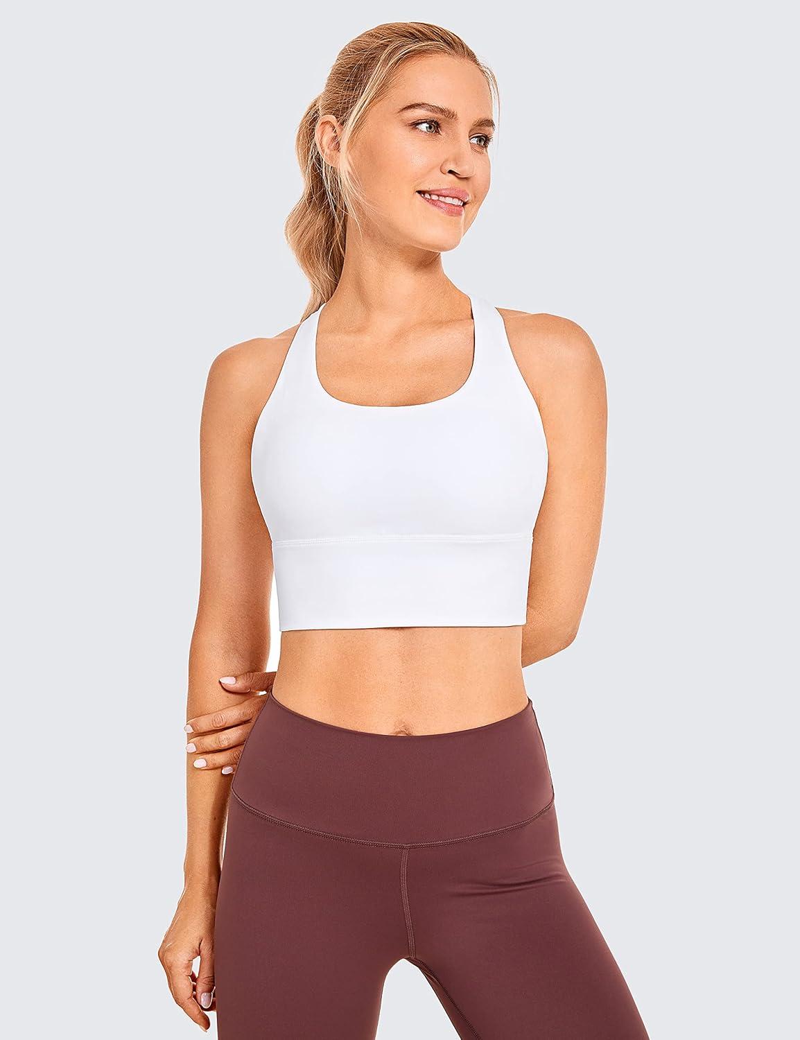 imageCRZ YOGA Naked Feeling Criss Cross Longline Sports Bras for Women Wirefree Padded Strappy Yoga Cropped TopsWhite