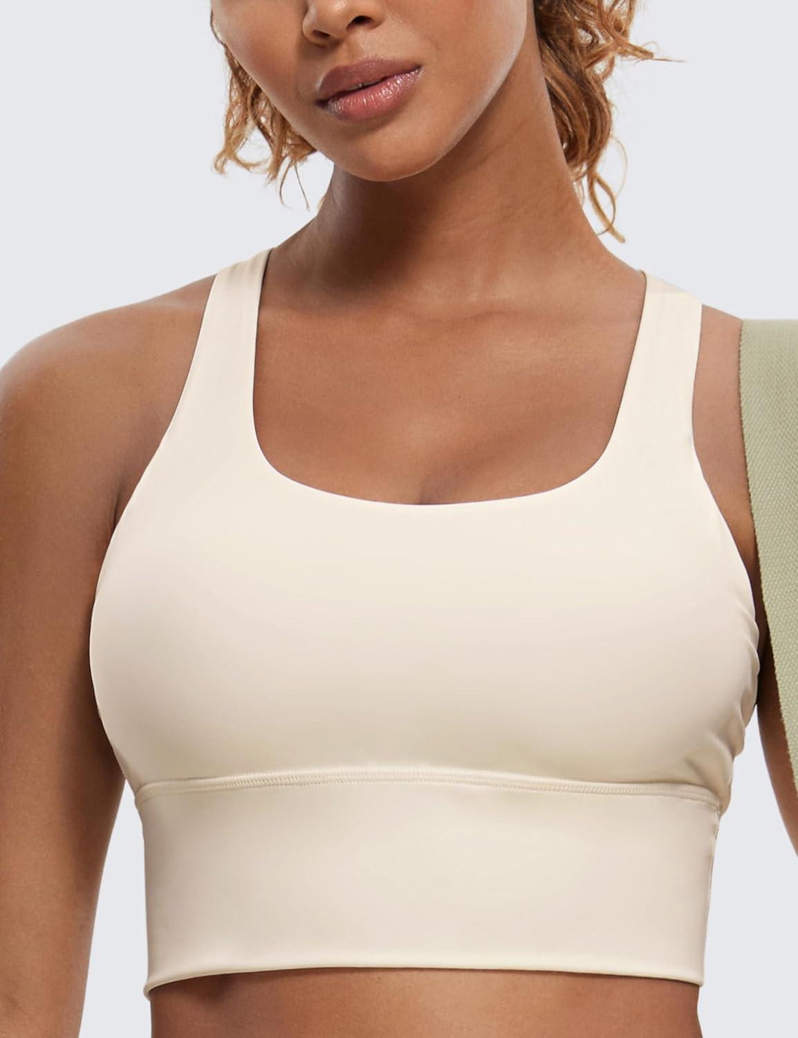 imageCRZ YOGA Naked Feeling Criss Cross Longline Sports Bras for Women Wirefree Padded Strappy Yoga Cropped TopsWhite Apricot
